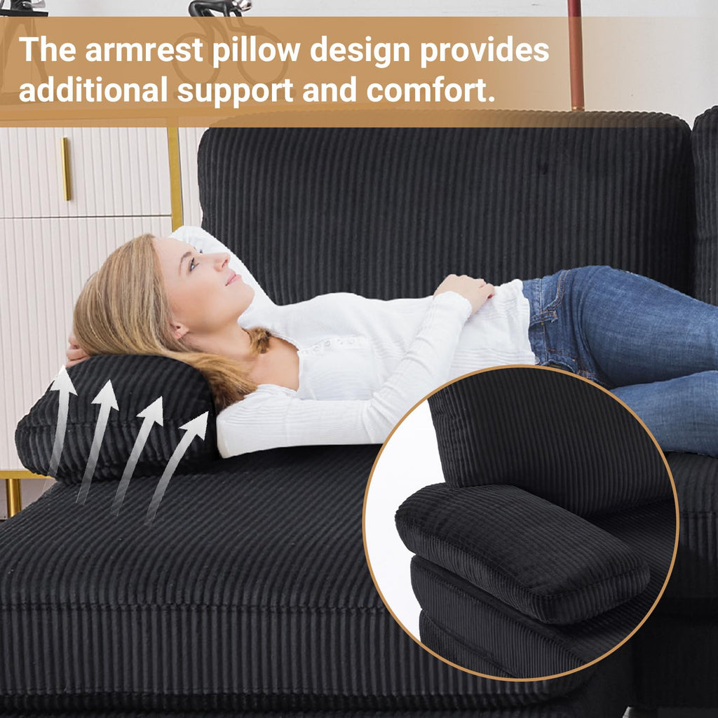 110" Sectional Couches, U Shaped Couch with Double Chaise, 4-Seat Sofa Set with Corduroy Fabric Furniture, Black