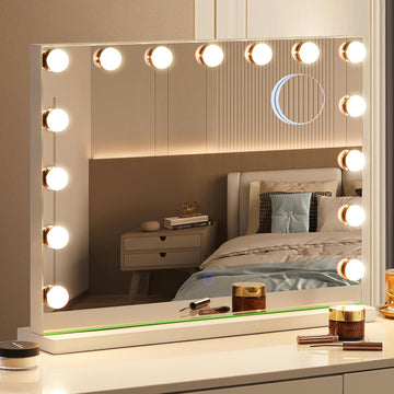Hollywood Vanity Mirror with Lights, 23"x18" Lighted Makeup Mirror with 10x Magnification for Desk/Wall Mount, 15 Led