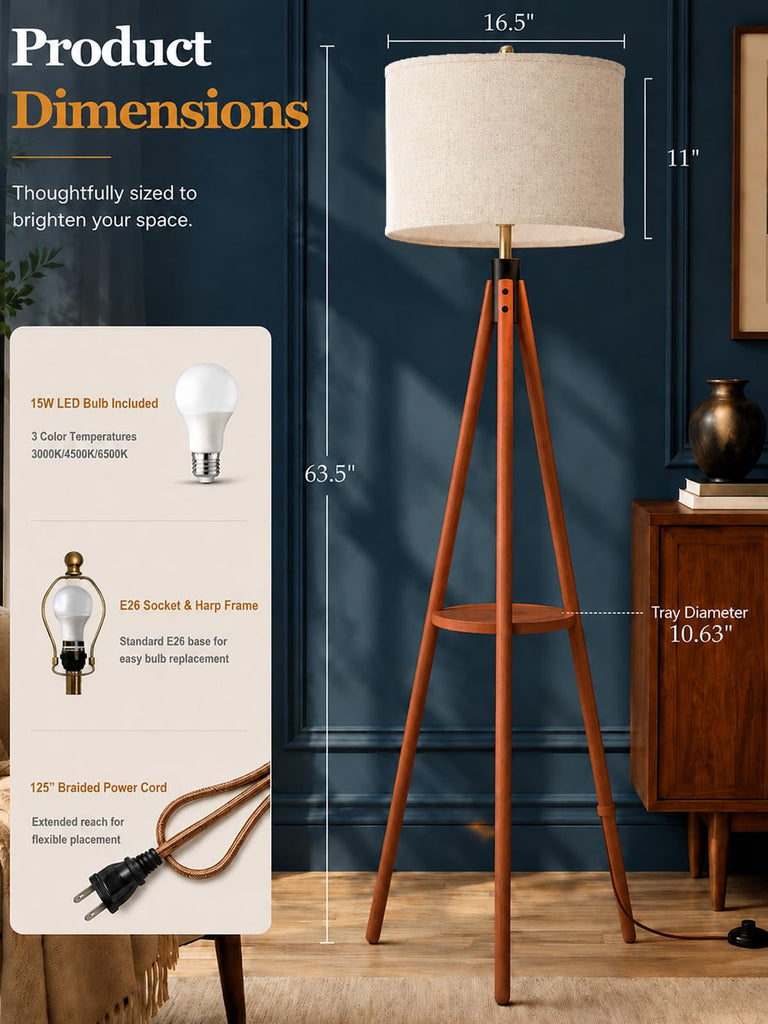 Mid Century Solid Wood Tripod Floor Lamp with Tary & Remote Control