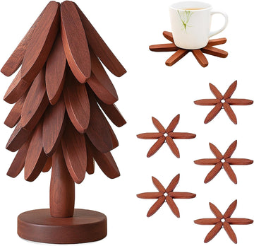 Natural Tree Trivet Set for Hot Dishes - Foldable Wooden Trivets for Hot Pots&Bowls, 5 Walnut Color Wood Heat - Set of 5