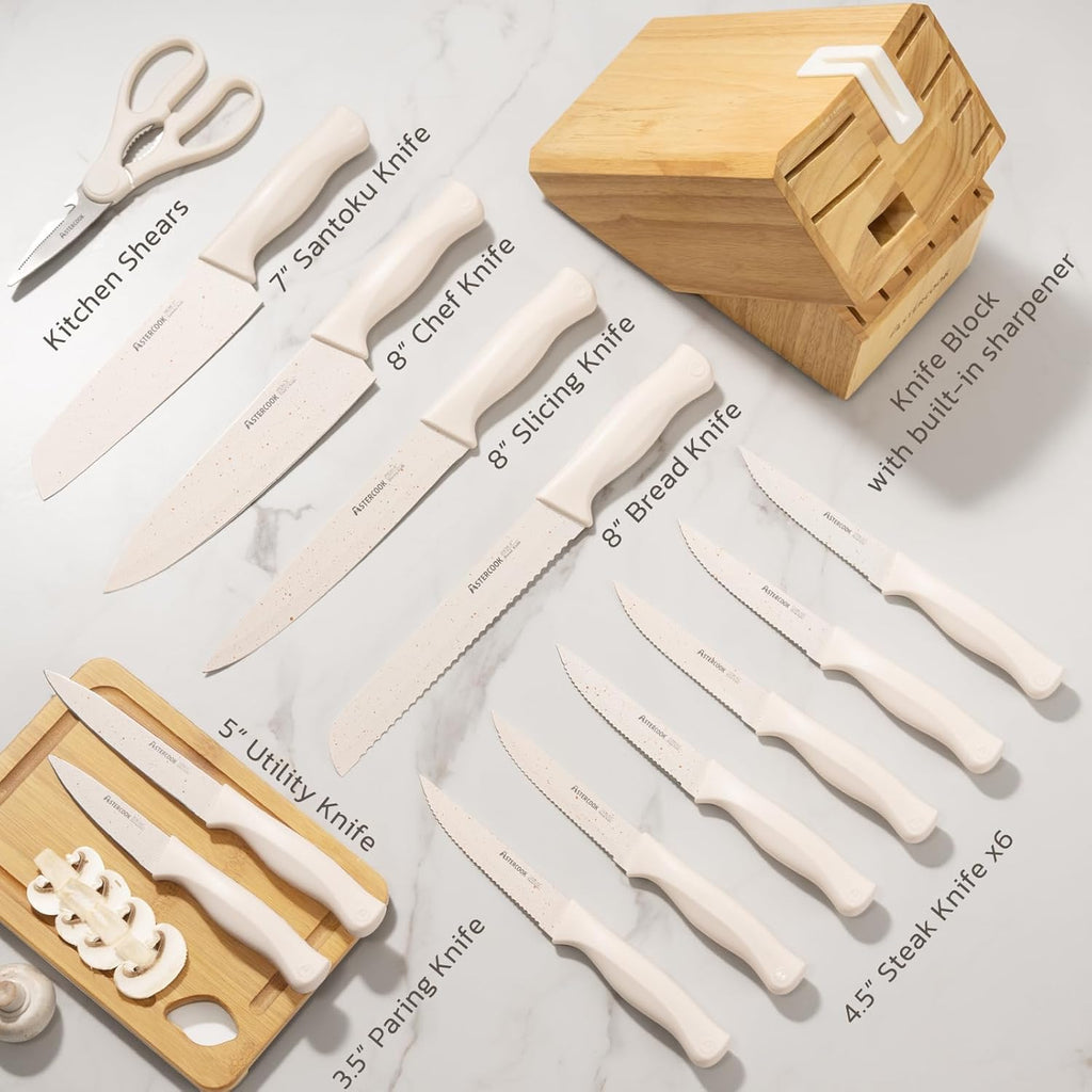 Knife Set, 15 Pieces Kitchen Knife Set with Sharpener Block, German Stainless Steel Knives with Anti-Rust Coating