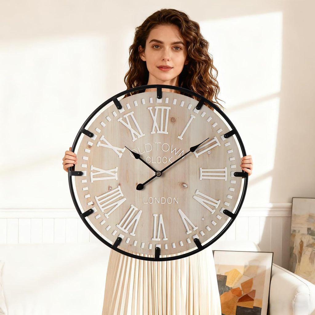 Farmhouse 24 Inch Extra Large Decorative Wall Clock with Metal Circle