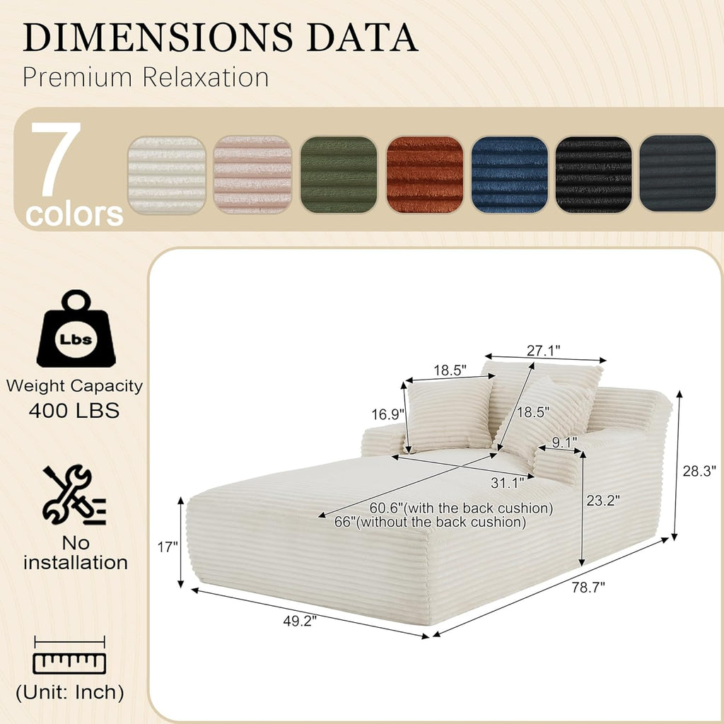 80 Inch Chaise Lounge Chair Indoor, Oversized Corduroy Upholstered Boneless Sofa Bed, Deep Seat Sleeper Couch Reading