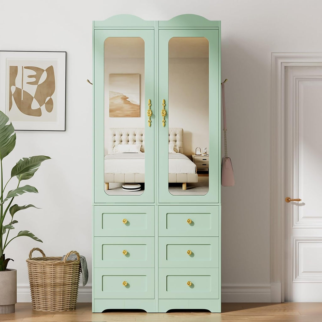 Armoire Wardrobe Closet, Green Bedroom Armoires Cabinet with Mirror Door and 6 Drawers, 69.5" H Wood Clothing Storage