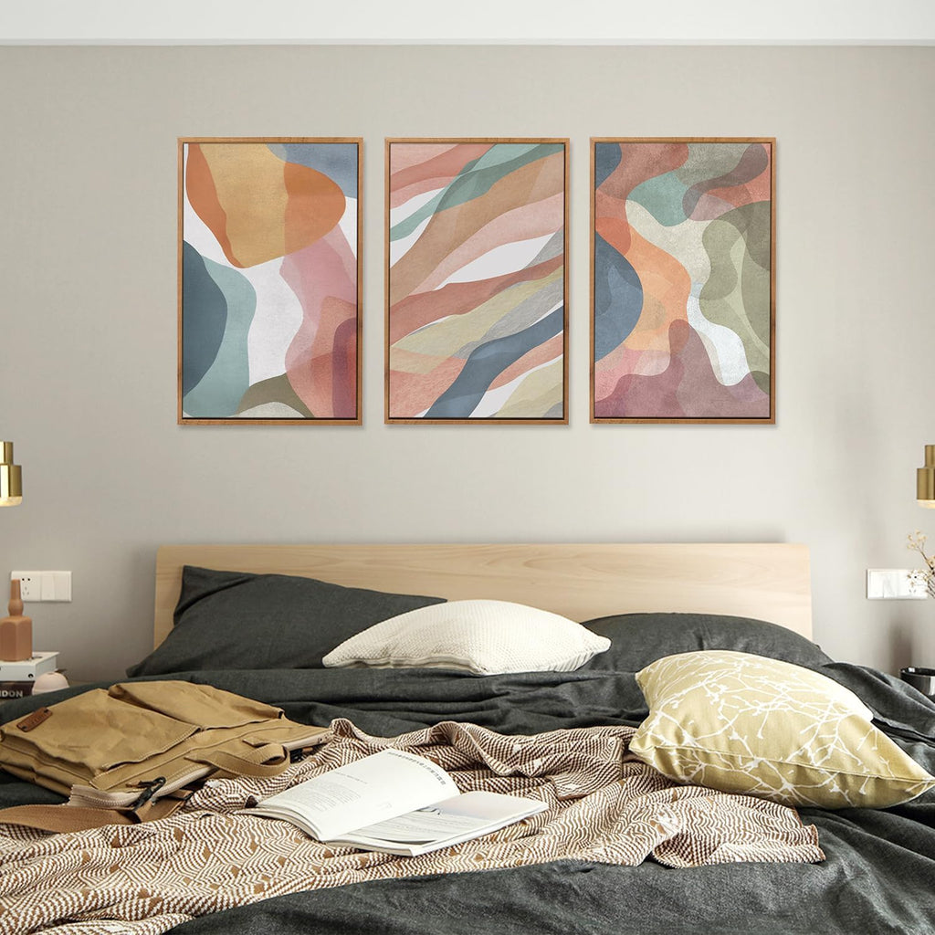 Abstract Watercolor Framed Canvas Wall Art Paintings(16"x24"), 3 Panels Colorful Red Green Yellow Blue White Artwork