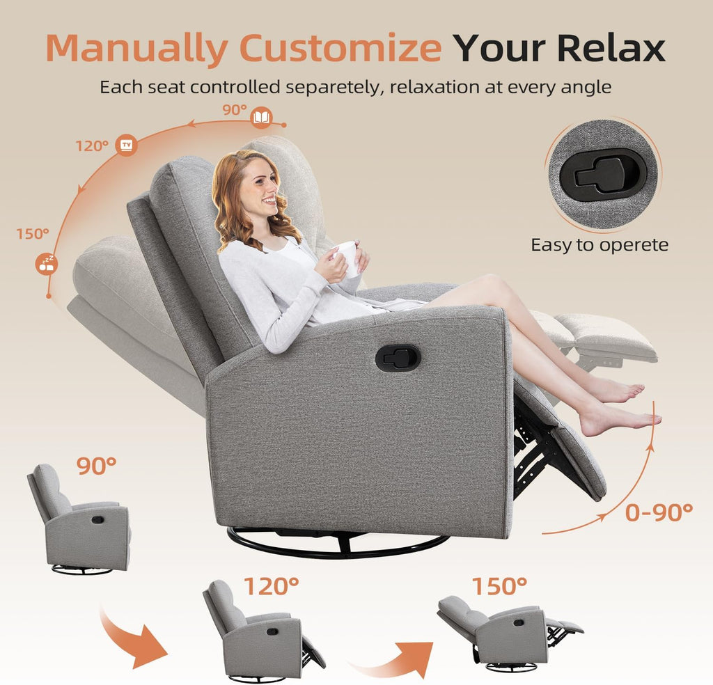 Recliner Rocker Swivel Chair, Manual Chenille Glider Rocking Chair, Swivel Glider Recliners with Soft Backrest, 360°