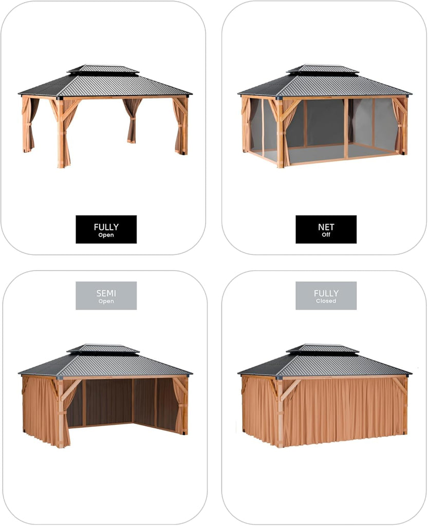 10x12 ft Hardtop Wood Gazebo for All Weather, Double Metal Roof, Heavy Duty Cedar Frame, Curtains & Netting