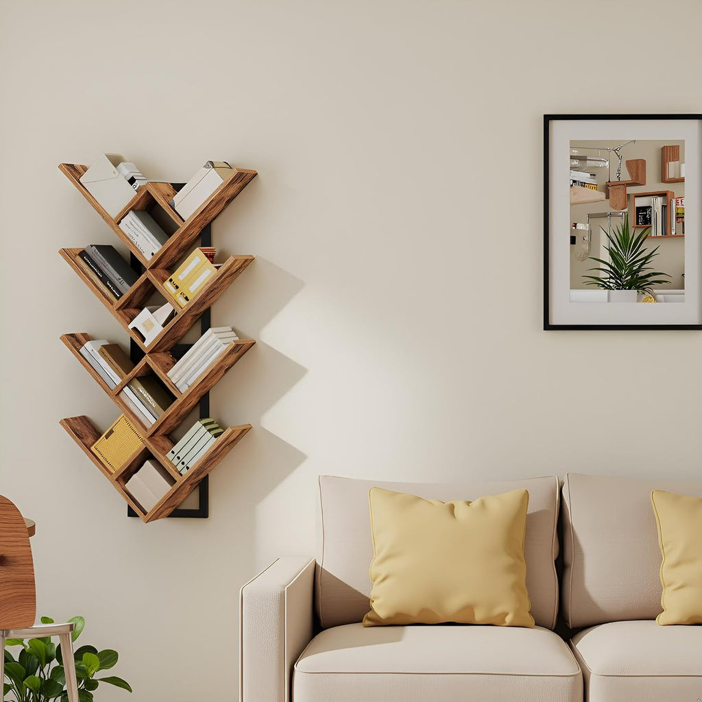 Floating Shelves for Wall, Set of 2 Wall Mounted Shelves, 2-Tier Wooden Tree Bookshelf, Hanging Shelves Storage Rack