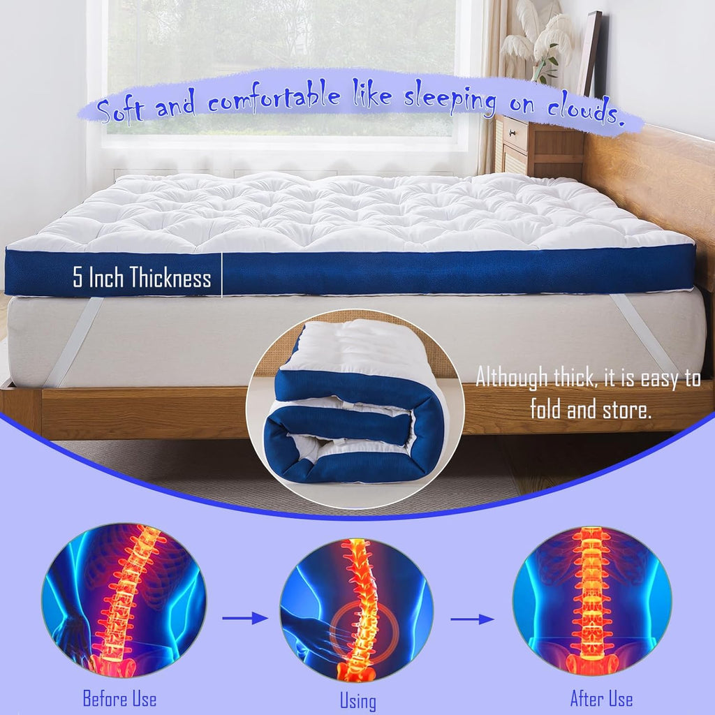5 Inch Memory Foam Mattress Topper Queen for Back Pain, Filled with Flfuffy Soft Breathable Stuffing, Thick