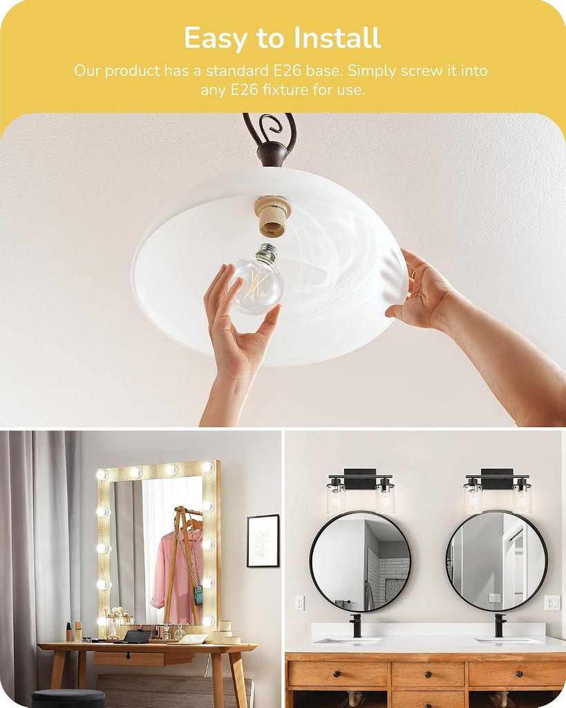 6 Pack G25 Globe Light Bulbs, Dimmable Vintage LED Edison Bulbs, CRI90+ 5W Equivalent 60W, Clear LED Filament Vanity