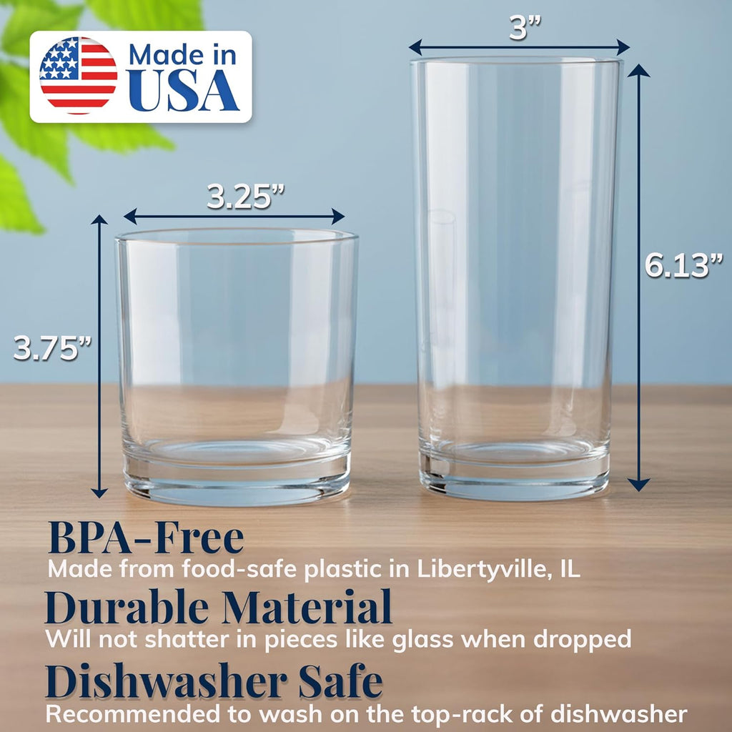 Classic Clear Plastic Reusable Drinking Glasses (Set of 8) 12oz Rocks & 16oz Water Cups | BPA-Free Tumblers, Made in
