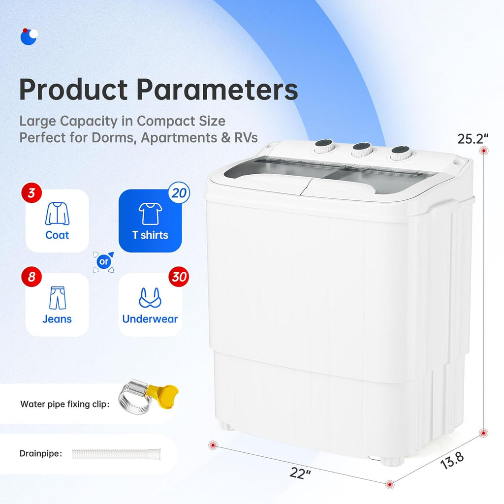 16Lbs Portable Washing Machine, Compact Single Tub Laundry Washer with Spin Dryer, Mini Semi-Automatic Washing Machine