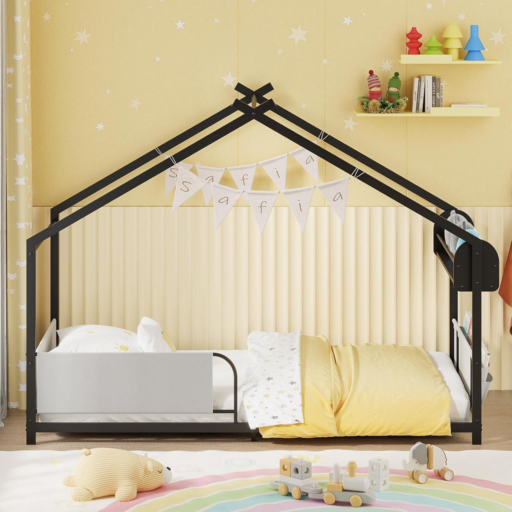Twin Size House Bed with Storage Rack and Caddy | Montessori House Shape Bed Metal Floor Bedframe for Kids No Box