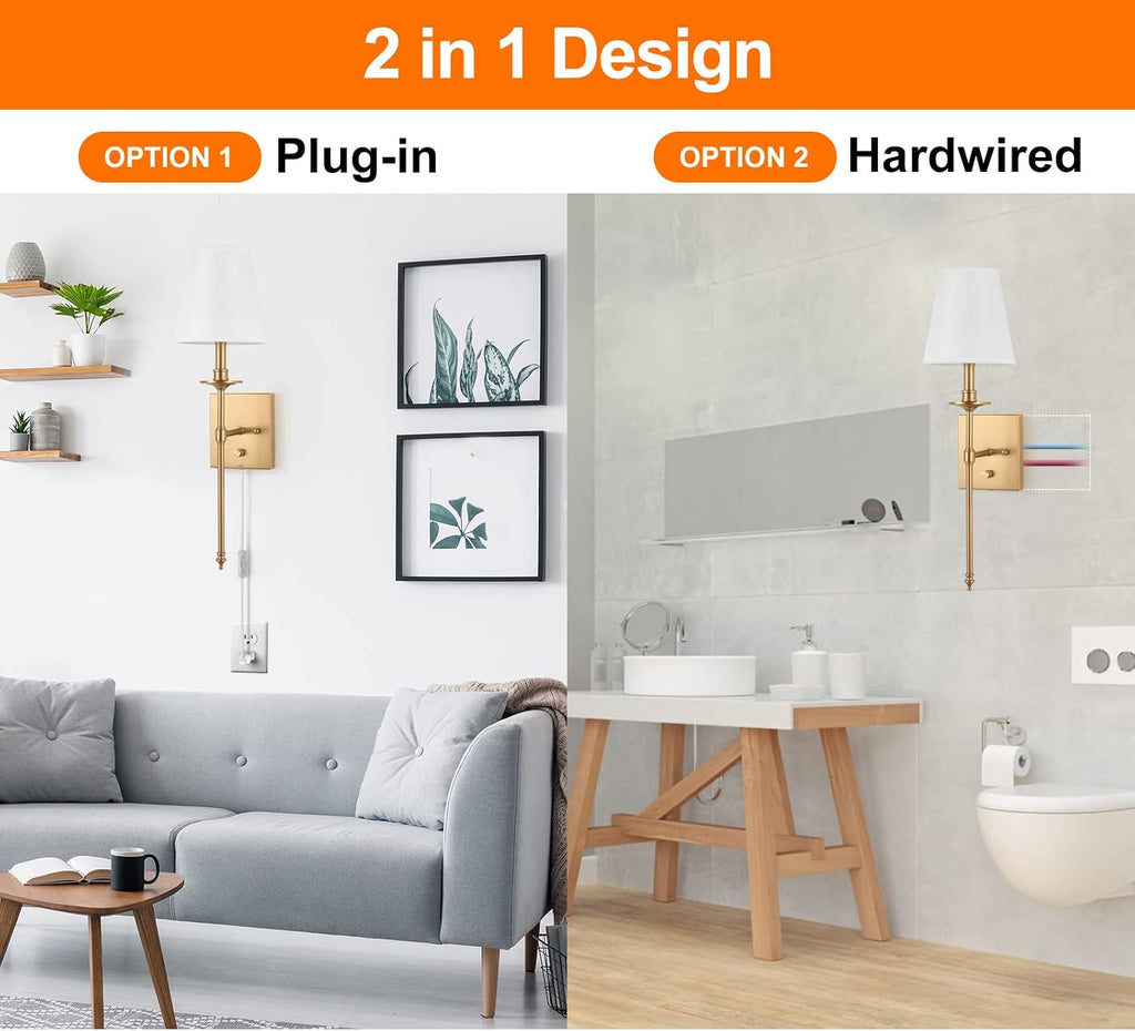 Dimmable Wall Sconces Set of Two, Plug in Wall Sconces White Fabric Shade, Wall Lamp for Bedroom, Living room, Plug