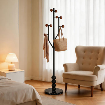 Freestanding Mid-Century Modern Tree Coat Rack | Freestanding metal rack with black marble base & wood spherical hooks