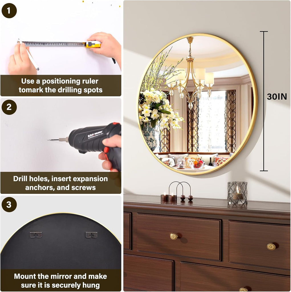 30 Inch Round Mirror - Circle Mirrors Wall Decor, Modern Hanging Vanity Mirror, Matte Gold Circle Decorative Wall Mirror