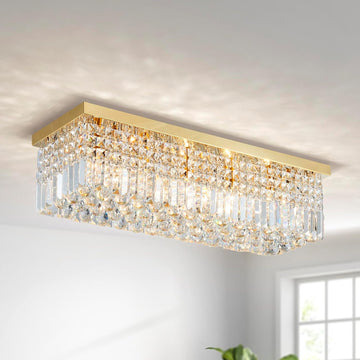 5-Lights Modern K9 Crystal Chandelier Light Fixture, Flush Mount Chandelier for Dinning Room, H9 x W10 x L31, Clear Crystal & Gold Finish