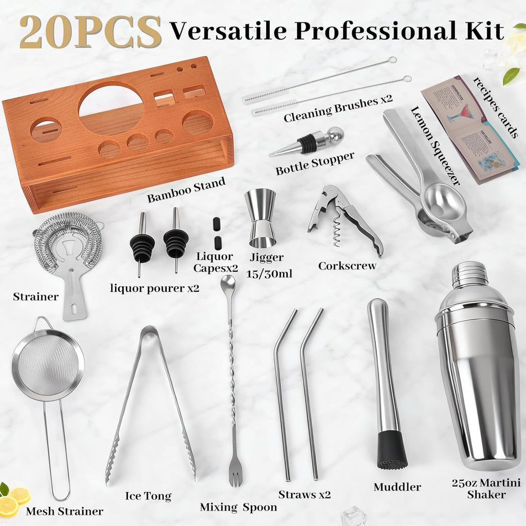 20-Piece Bartender Kit with Stand, Cocktail Shaker Set Bar, 25oz Professional Stainless Steel Bar Tool Set with