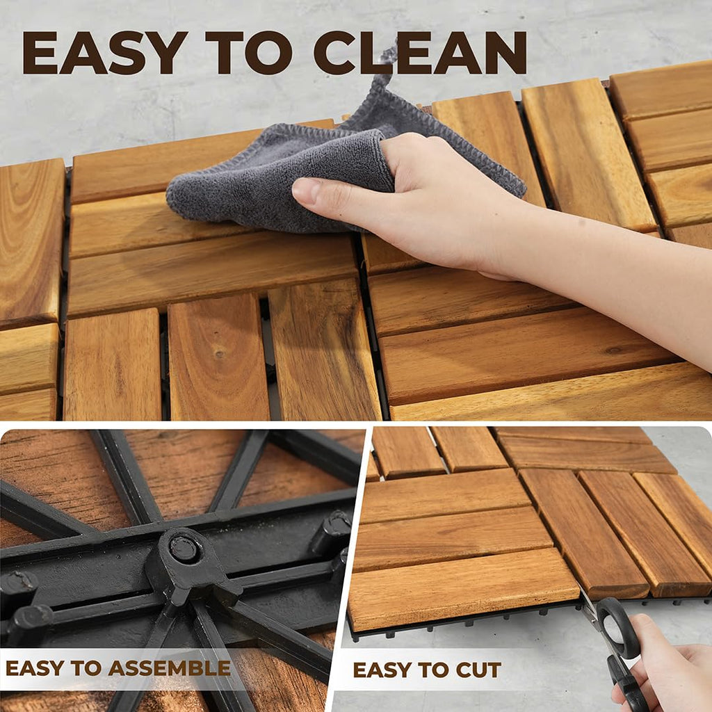 Premium Acacia Wood Interlocking Deck Tiles - Set of 9 pcs, 12"x12", Waterproof Outdoor Patio Flooring