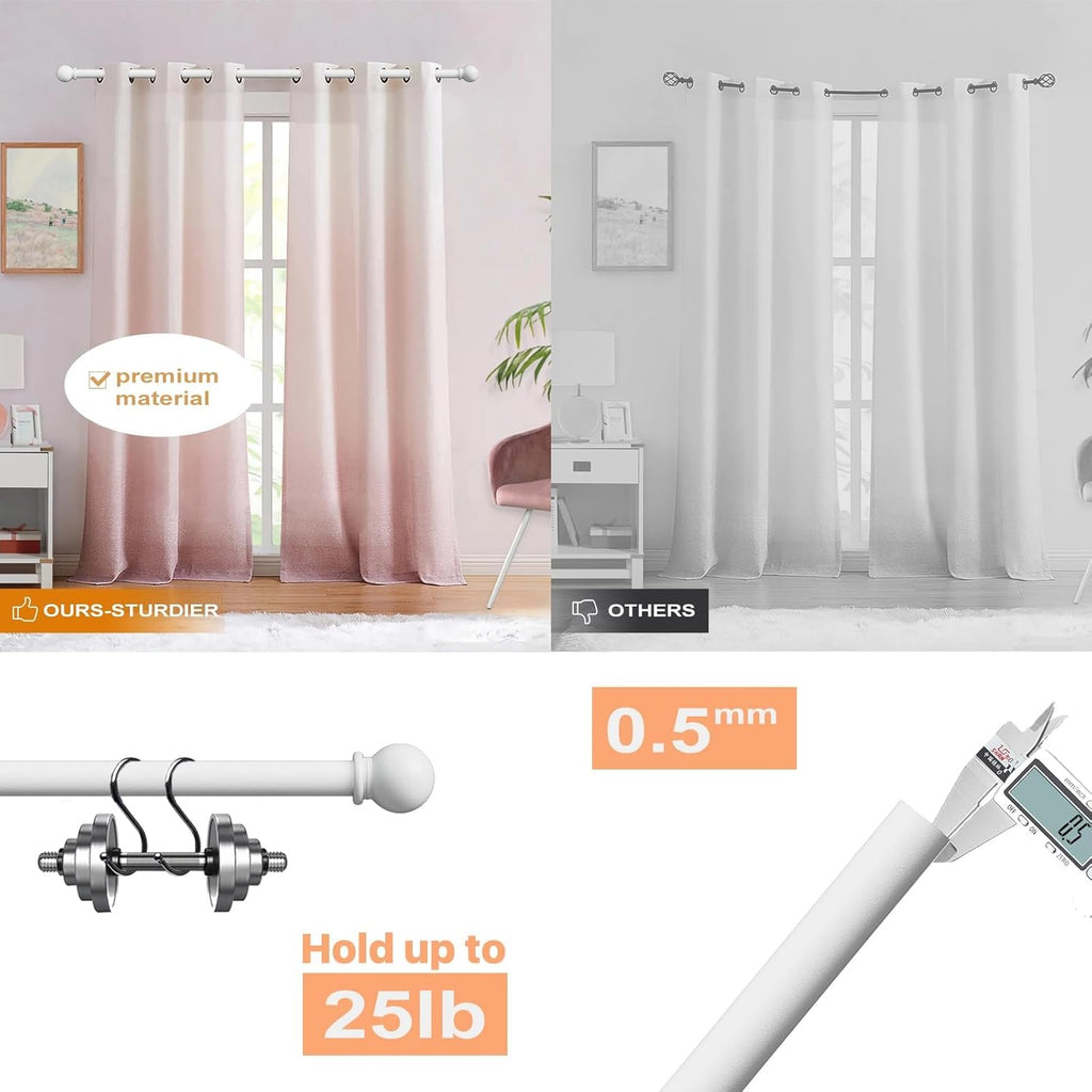 White Curtain Rods for Windows, 2 Pack 5/8" Curtain Rod Set with Brackets, Splicing Adjustable Curtain Rod