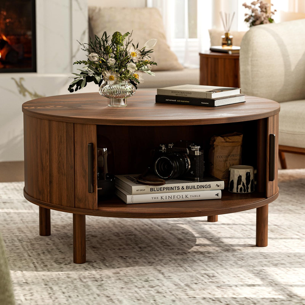 Round Coffee Table with Sliding Doors, Mid-Century, Walnut