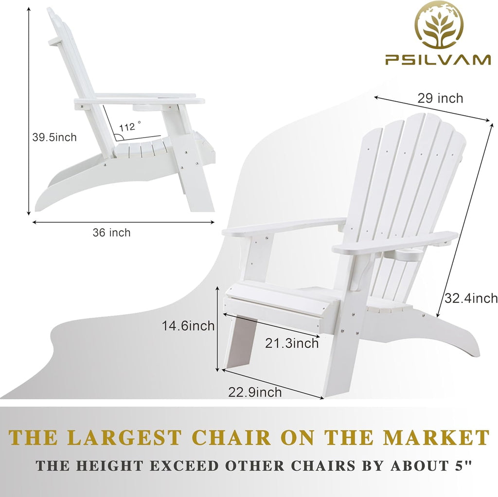 Oversized Adirondack Chairs with Cup Holder, White | Poly Lumber Patio Chairs,350Lbs Support, All Weather Patio
