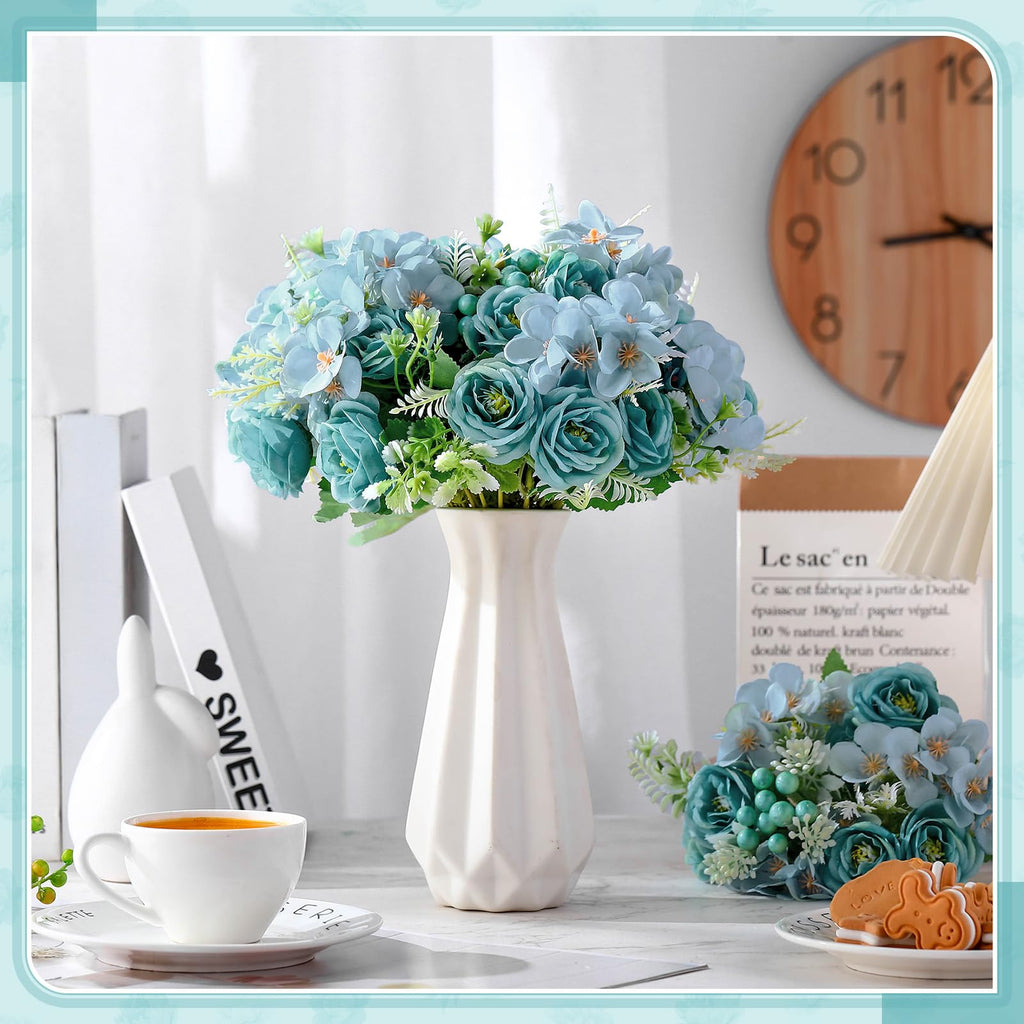 8 Pcs Artificial Rose Bouquet 12 Inch Wedding, Teal Blue