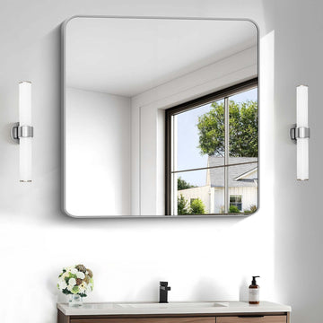 Silver Bathroom Mirror, 30 x 30 Inch Silver Square Mirror, Metal Framed Rectangular Vanity Mirror, Rounded Corner