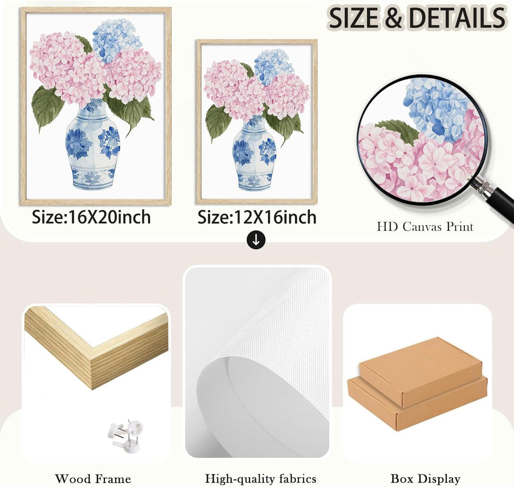 OAK Wood Framed Wall Art Pink And Blue Floral Canvas Wall Art Chinoiserie Flower Pictures Wall Decor Set of 3