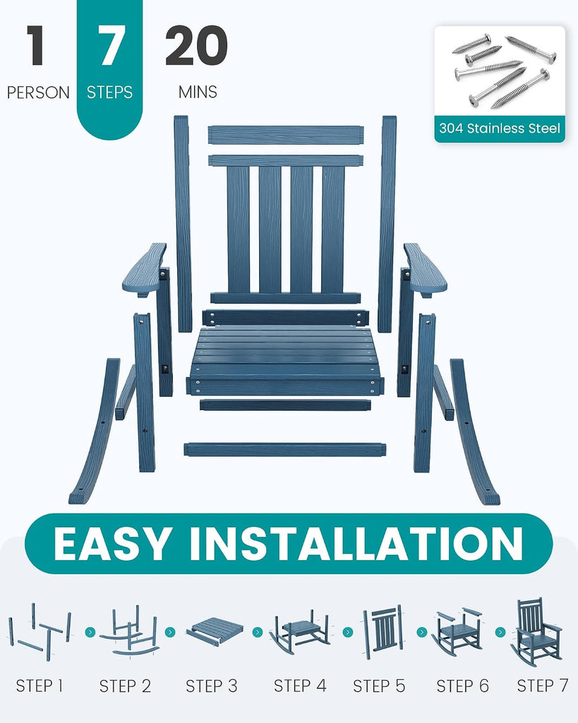 Outdoor Rocking Chair Set of 2, HDPE Rocker for Adults, Blue | 21.1" Widened Seat adds Extra Comfort, Oversized