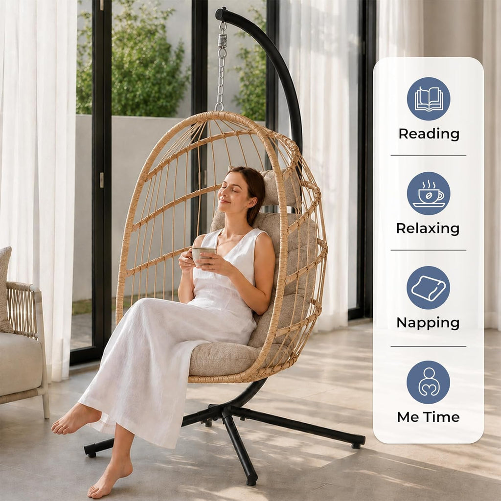 Outdoor Hanging Egg Chair with Stand, Indoor Wicker Egg Shaped Swing Chair with Cushion, 370lbs Capacity Comfy Patio