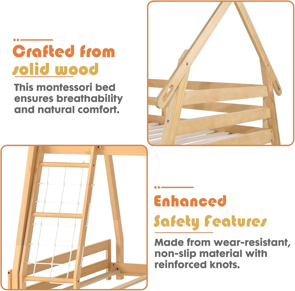 Bunk Bed Twin Over Full, Wooden House Bunk Bed with Climbing Nets & Ramp