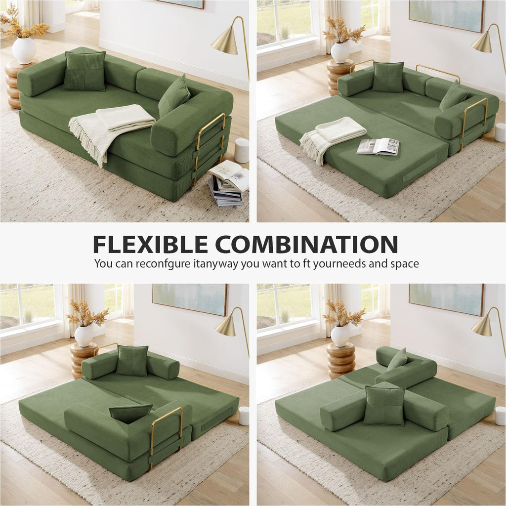 4-in-1 Folding Convertible Sofa Bed, 78 Inch Oversized Corduroy Upholstered Boneless Couch, Loveseat Sleeper with
