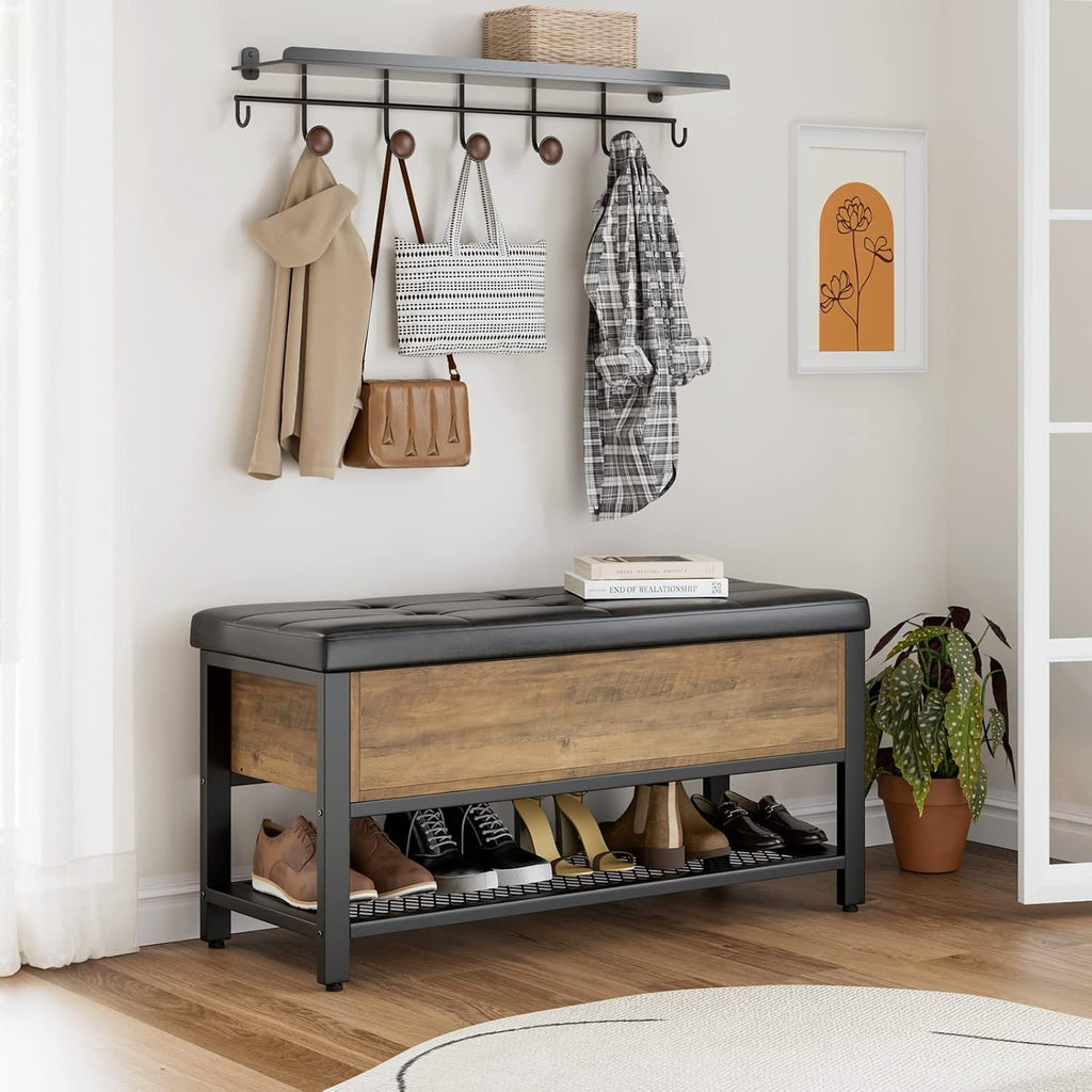 40" W Storage Bench, Entryway Shoe Bench with Cushion, Rustic Brown | Wood Metal Bench with Flip-Open Hidden Storage