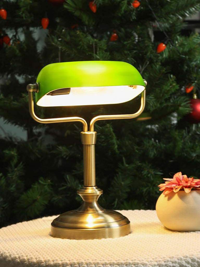 Vintage Banker Lamp, Antique Brass, Adjustable Green Shade, Touch Control