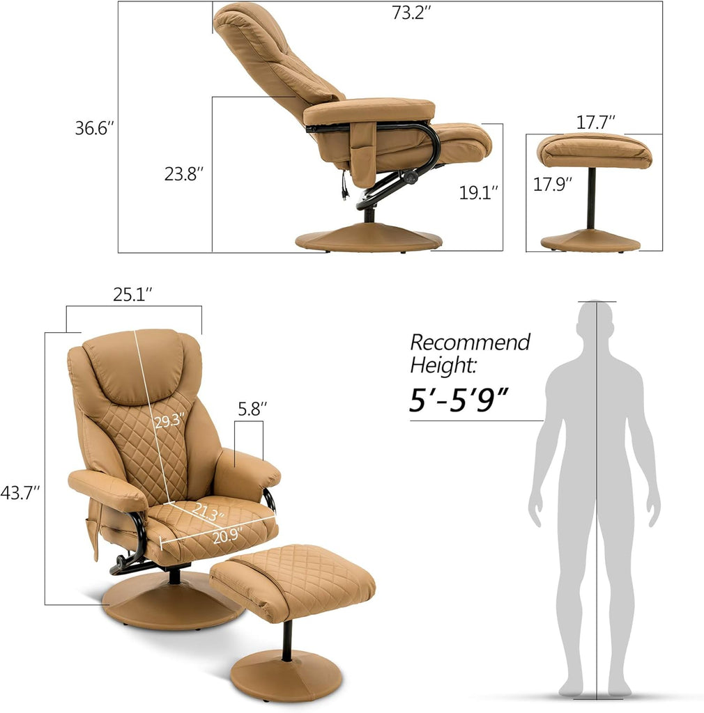 Modern Reclining Swivel Lounge Chair and Ottoman — Cognac Faux Leather