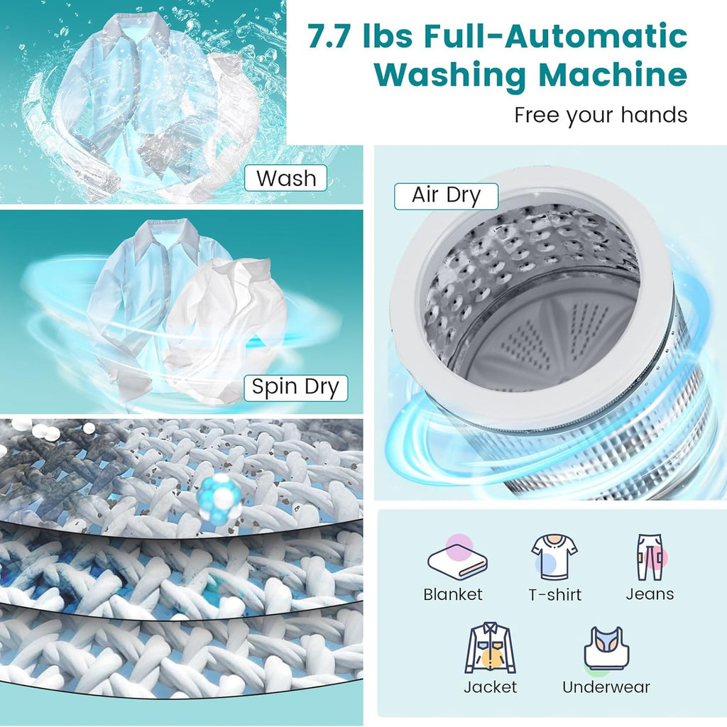 7.7 Lbs Portable Washing Machine, 0.78 Cu.ft Full Automatic Laundry Machine with 10 Preset Programs, 3 Water Levels
