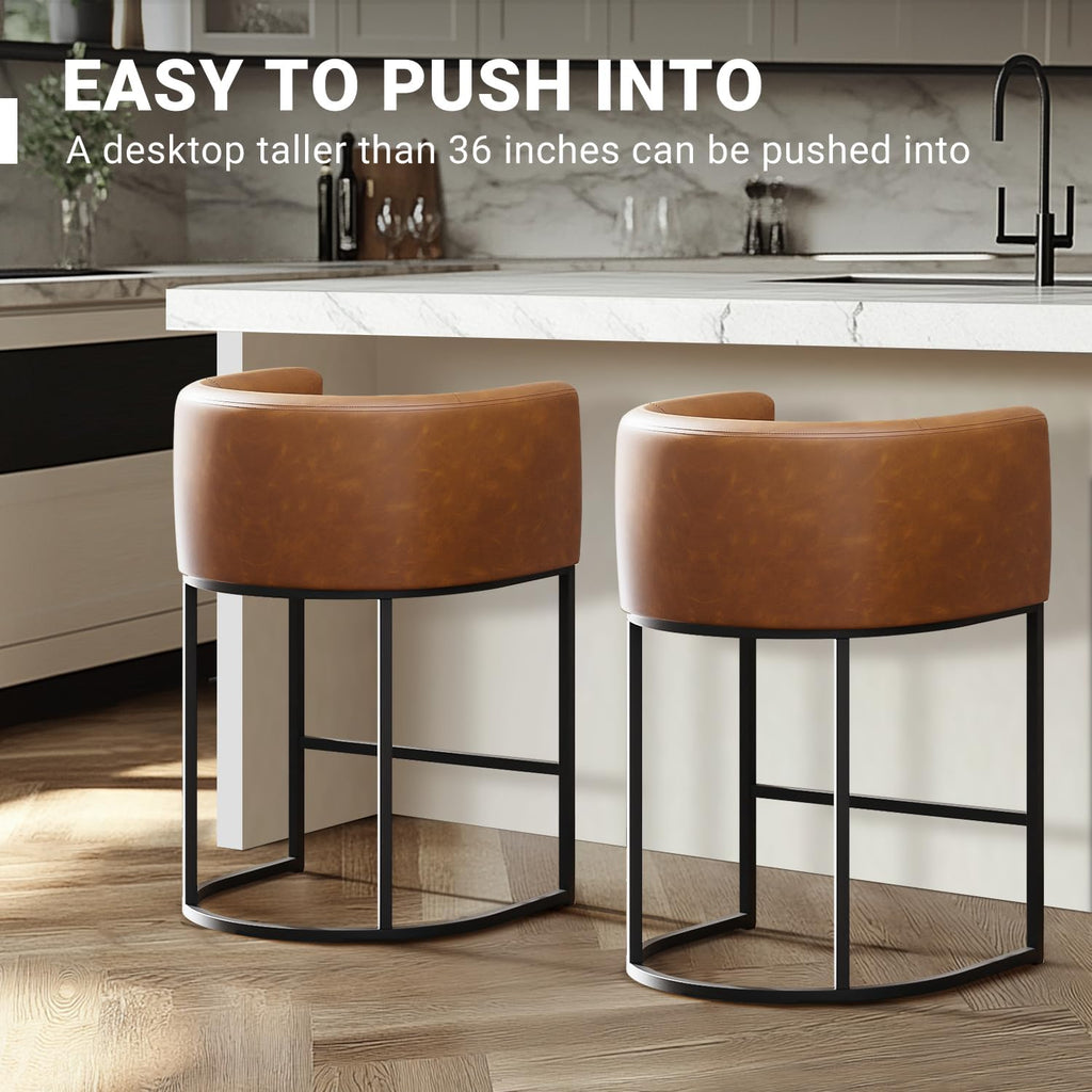 26" H Counter Height Bar Stools Set of 3, Modern Barrel Counter Stools with Backrest and Arms, Faux Leather