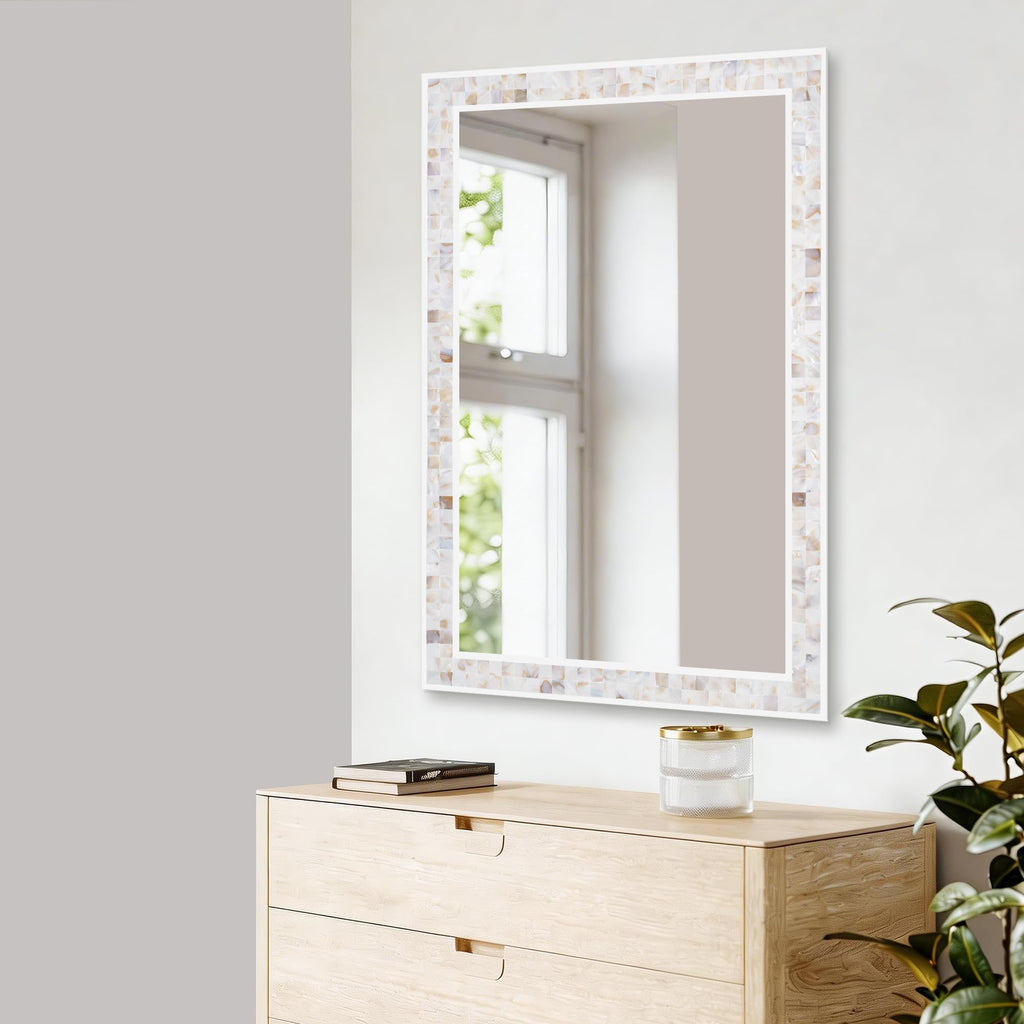 30 x 36 Inch Bathroom Rectangle Wall Mirror, Natural Shell Mosaic Frame