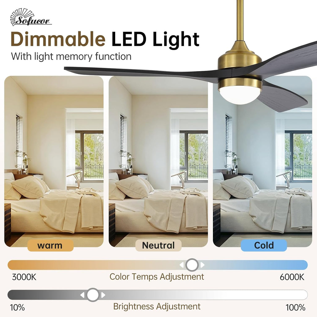 52" Solid Wood Ceiling Fan Lights, Flush Mount & Downrod Mount Ceiling Fan with Lights and Remote