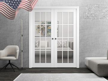Sliding French Double Pocket Doors 72 x 80 inches Clear Glass 12 Lites| Felicia 3355 Matte White | K