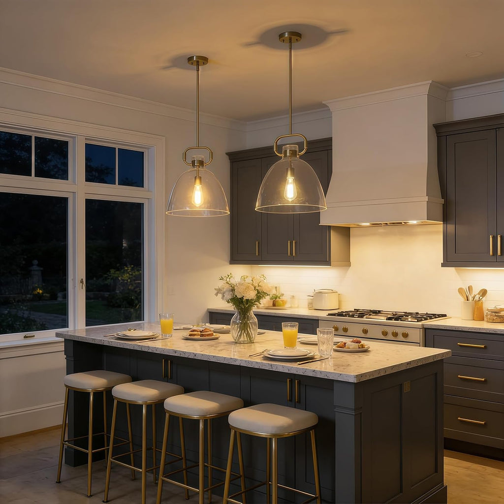 14'' Large Glass Pendant Lights Kitchen Island, 1-Light Modern Gold Kitchen Island Lighting, Adjustable Antique Brass