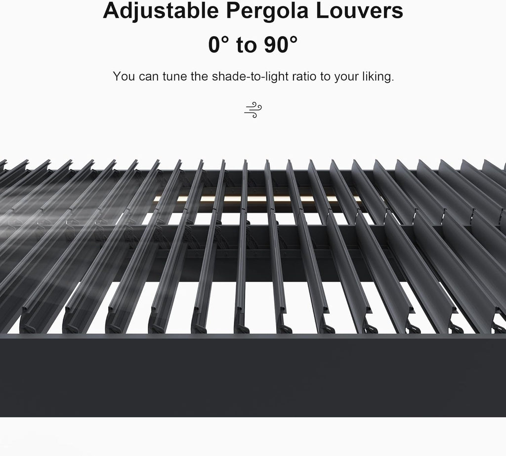 LED Louvered Pergola 94AS 10'x 14' Full Aluminum Frame and Adjustable Roof Integrated Strip Lights for Outdoor Deck