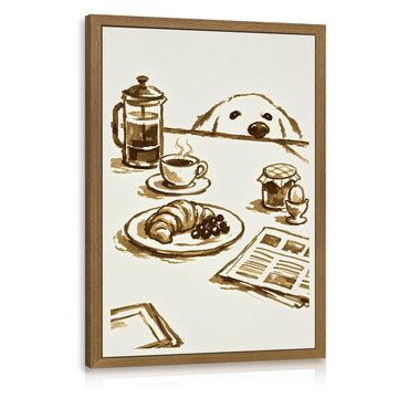 Funny Dog Coffee Wall Art, Cute Curious Puppy Coffee Bar Wall Decor, Neutral Kitchen Breakfast Scene Poster Print