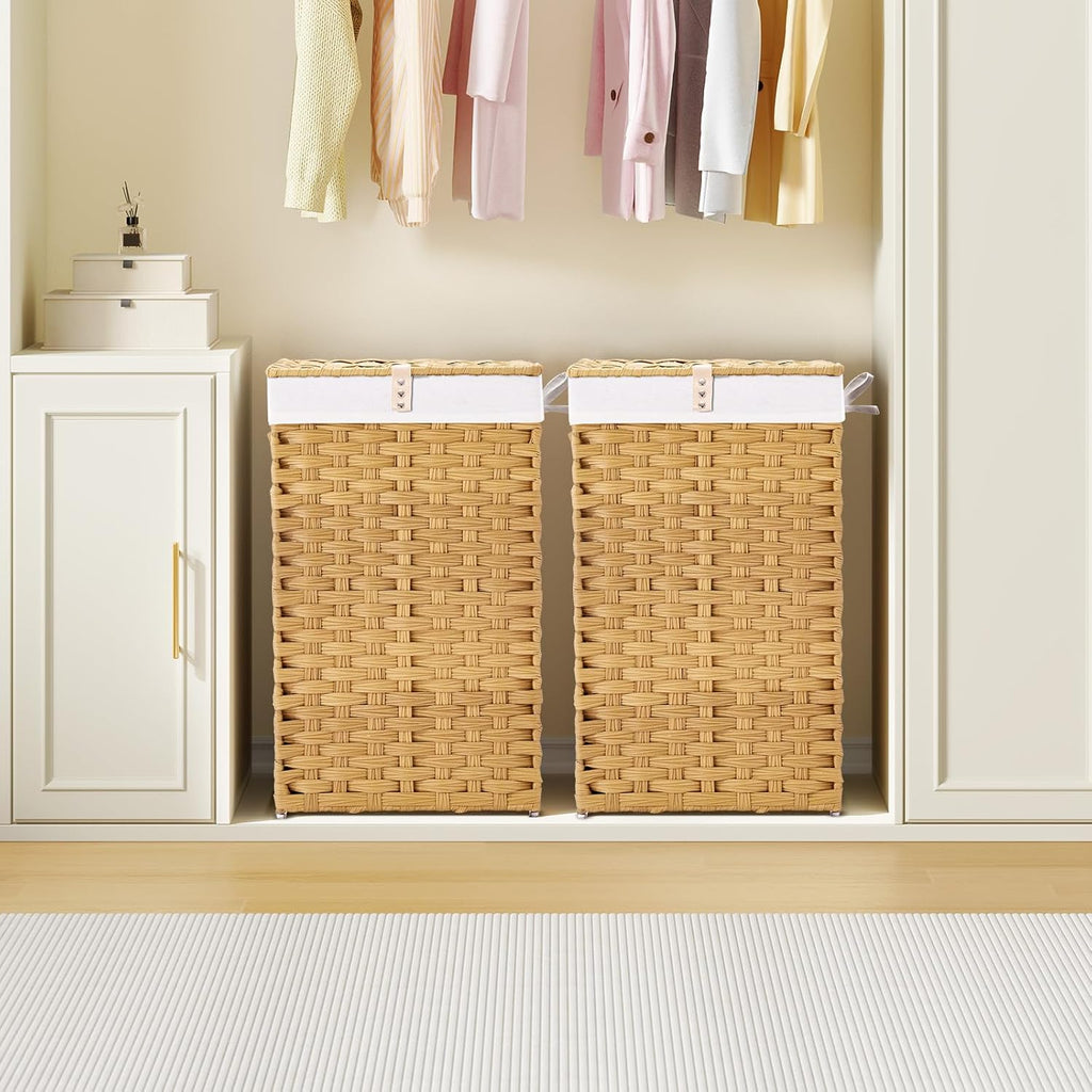 Laundry Hamper with Lid, 60L Clothes Hamper with 2 Removable Liner Bags & 2 Mesh Laundry Bags, Handwoven Synthetic
