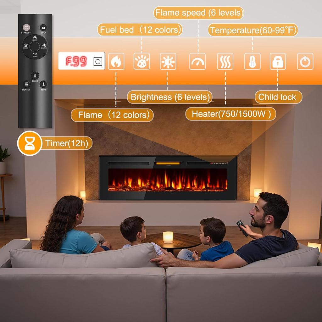 60 Inch Electric Fireplace in-Wall Recessed and Wall Mounted