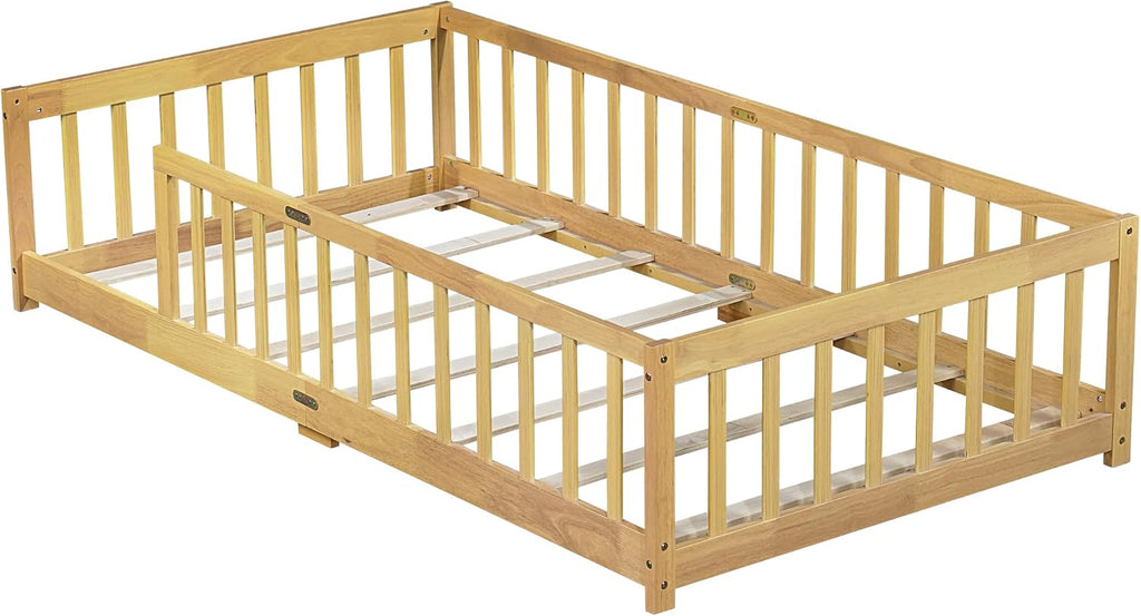 Twin Size Montessori Toddler Floor Bed with Wood Slats for Girls and Boys, Wood Montessori Bed Frame with Safety