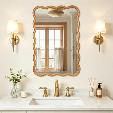 24"x36" Wavy Wood Mirror, Rectangular Wall Mirror with Natural Wooden Frame, Boho Farmhouse Country Bathroom Vanity