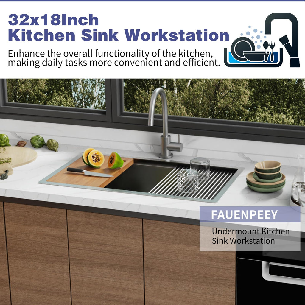 32x18 Inch Stainless Steel Kitchen Sink Workstation, Undermount, Single Bowl