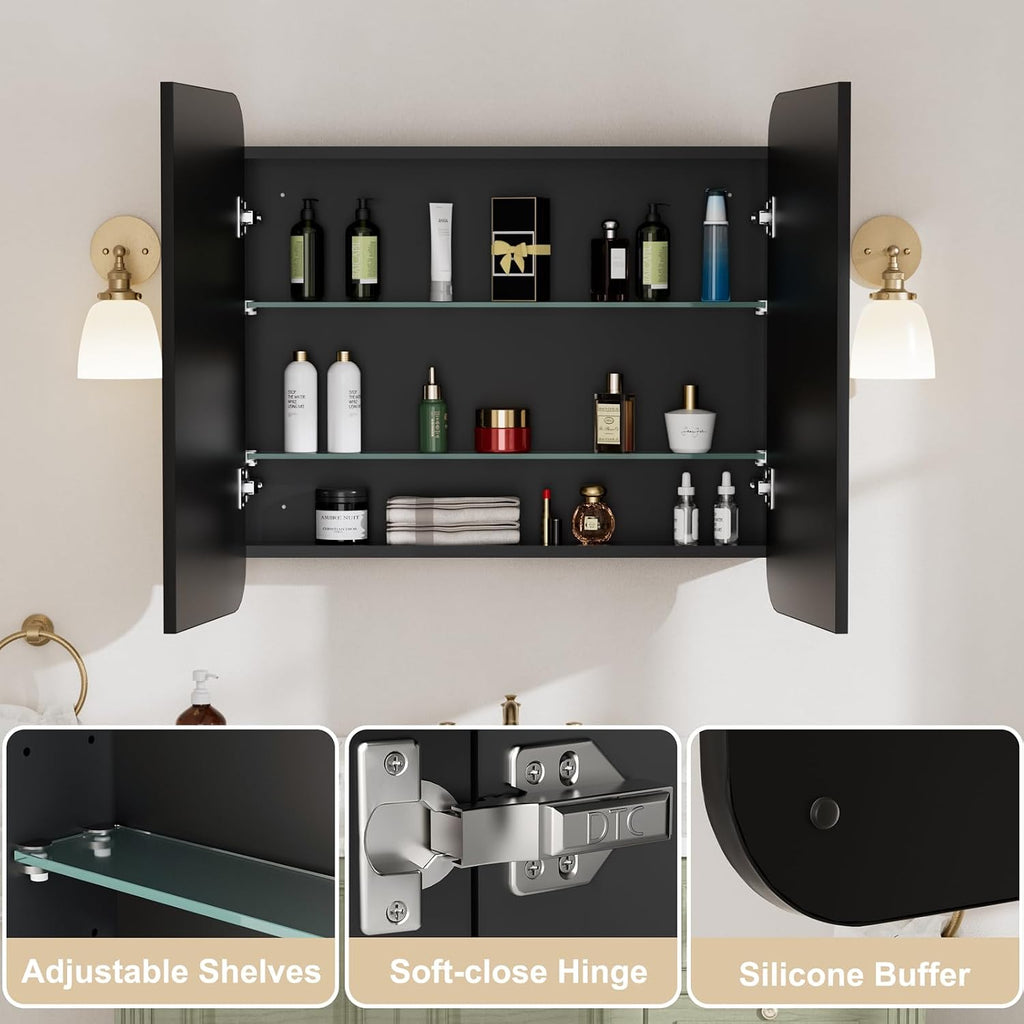 32x30 Inch Medicine Cabinet with Mirror, Rounded Corner, Double Door, Black | Fully Assembled, Recessed or Surface